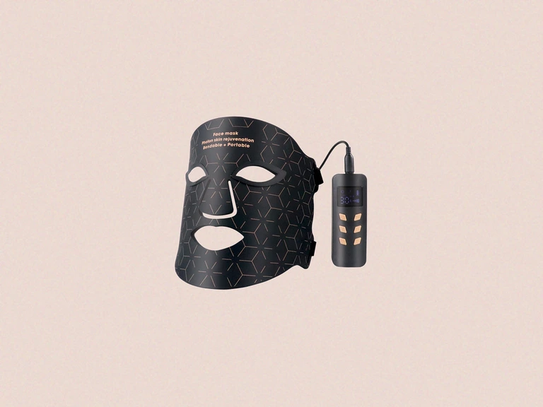 Nobleparc wellness ritual — model wearing LED mask