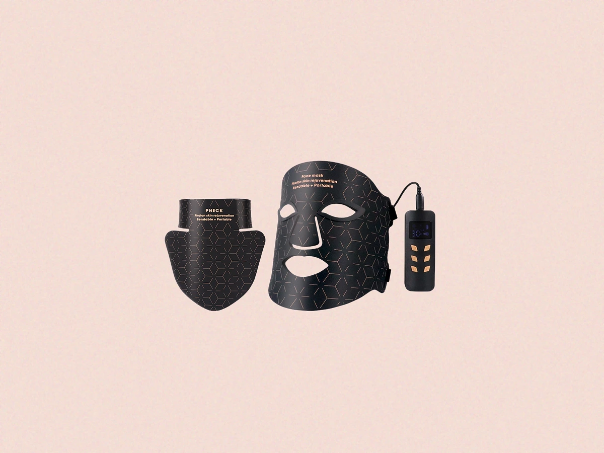 Nobleparc LED face mask worn by model on linen texture